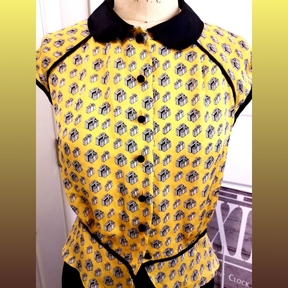 MILLY - Yellow Silk Suitcase Print Blouse - Small